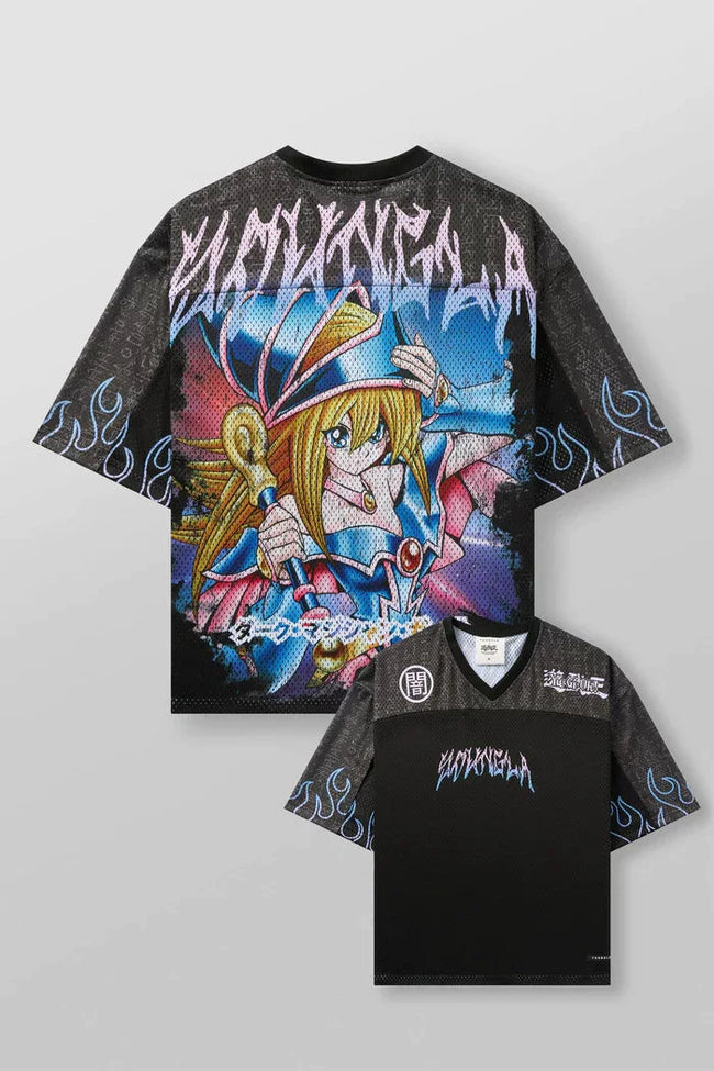 YoungLA x Yu-Gi-Oh! Oversized V-Neck Mesh Jersey – Black Flame & Dark Magician Girl Hover Image