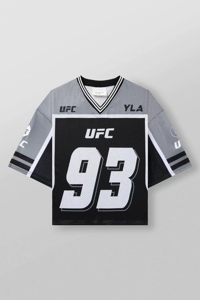 YoungLA x UFC Oversized V-Neck Mesh Jersey – Grey / Black "93" Graphic Hover Image