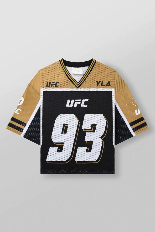 YoungLA x UFC Oversized V-Neck Mesh Jersey – Gold / Black "93" Graphic Hover Image