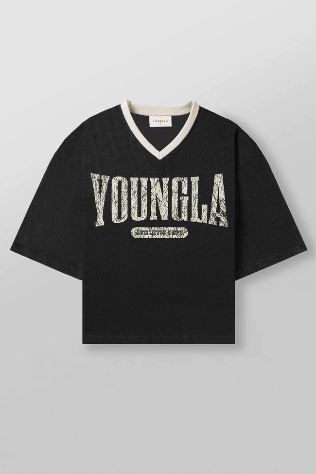 YoungLA Black Graphic Oversized Jersey | Vintage Mesh V-Neck Gym Tee Hover Image