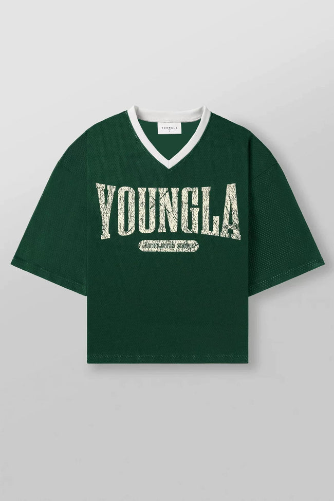 YoungLA Forest Green Graphic Oversized Jersey | Vintage Mesh V-Neck Gym Tee Hover Image