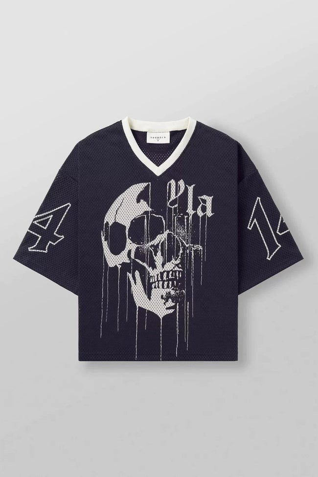 YoungLA Heavyweight Oversized V-Neck Mesh Jersey – Navy Dripping Skull Graphic Hover Image
