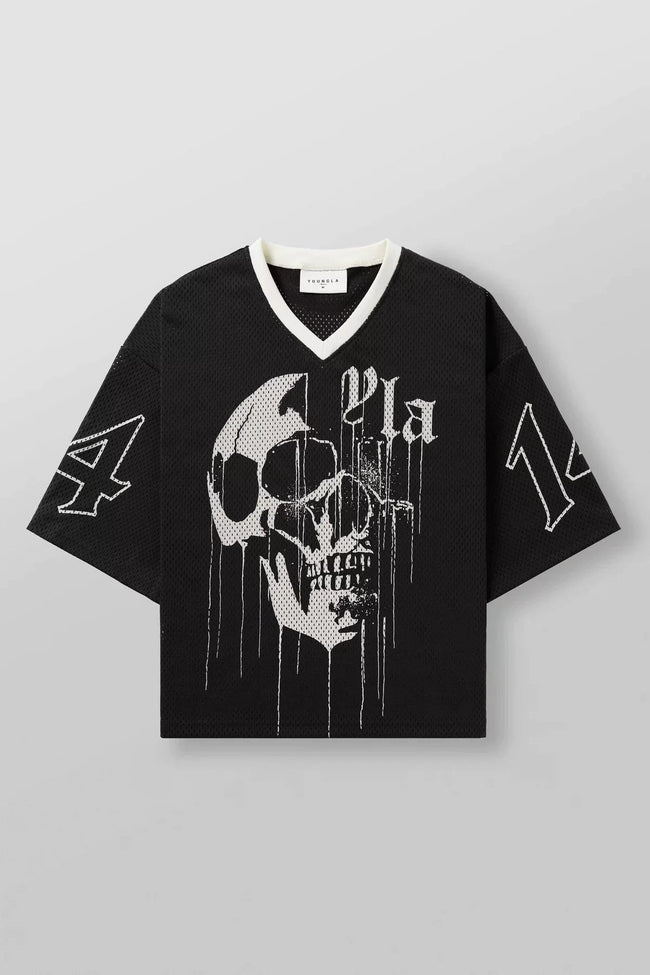 YoungLA Heavyweight Oversized V-Neck Mesh Jersey – Dripping Skull Graphic Hover Image