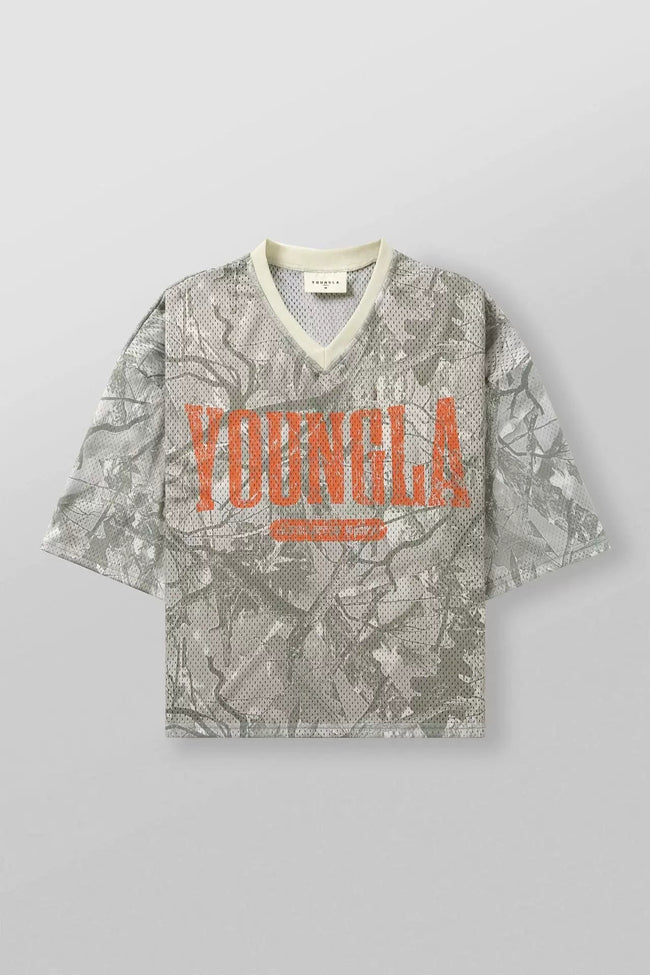 YoungLA Grey Camo Oversized V-Neck Mesh Jersey – Orange Distressed Graphic Hover Image