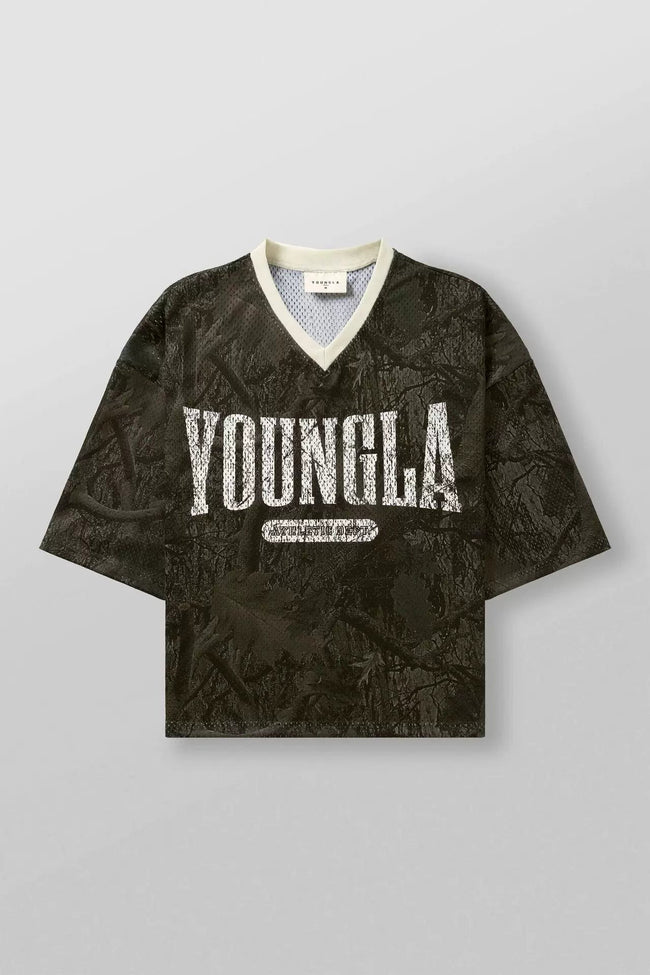 YoungLA Camo Oversized V-Neck Mesh Jersey – Distressed Logo Graphic Hover Image