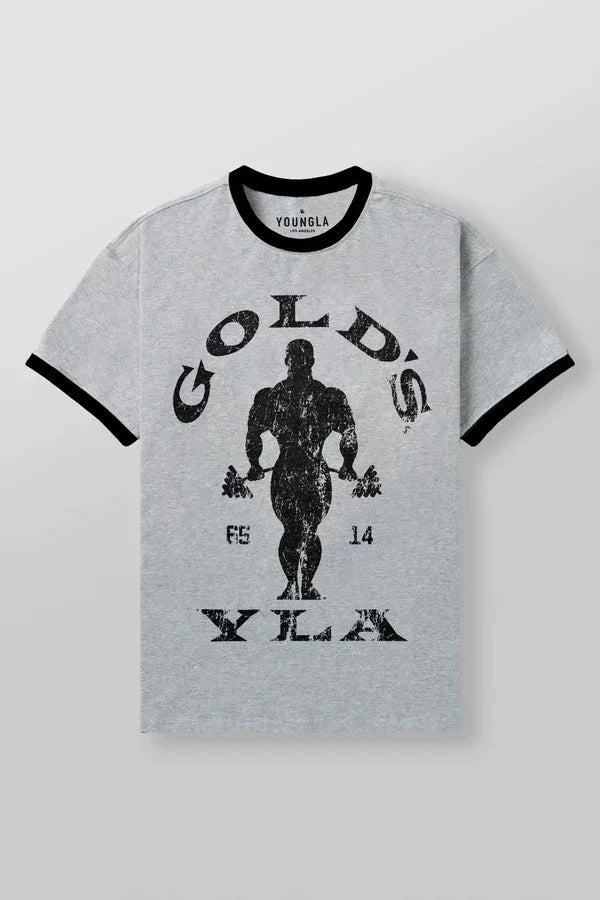 YoungLA x Gold's Gym Vintage Graphic Ringer T-Shirt | Classic Grey Bodybuilding Tee Hover Image