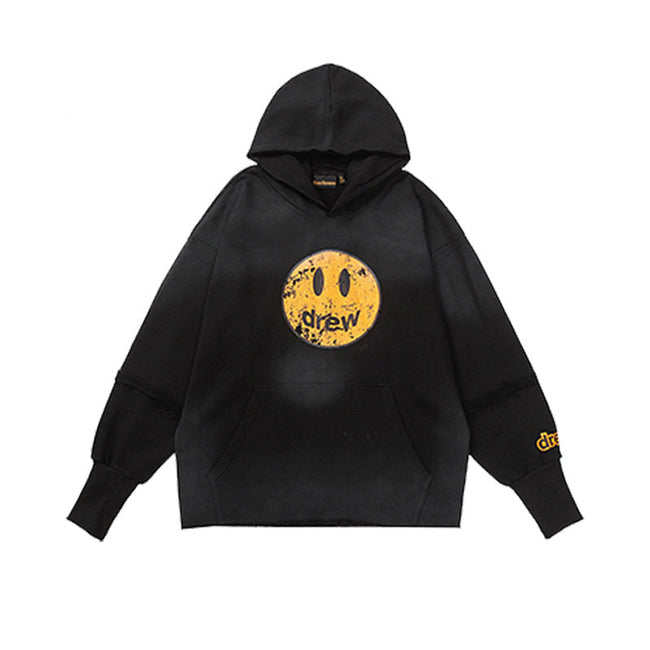 Drew House Distressed Smiley Face Hoodie, Black Hover Image